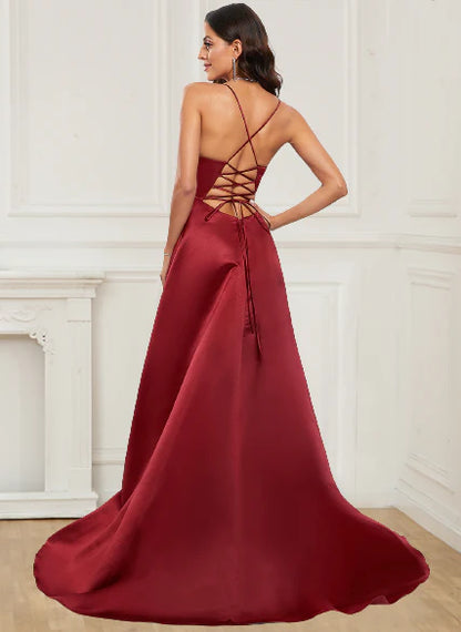 Wholesale Prom Dresses V Neck Satin A Line Asymmetrical