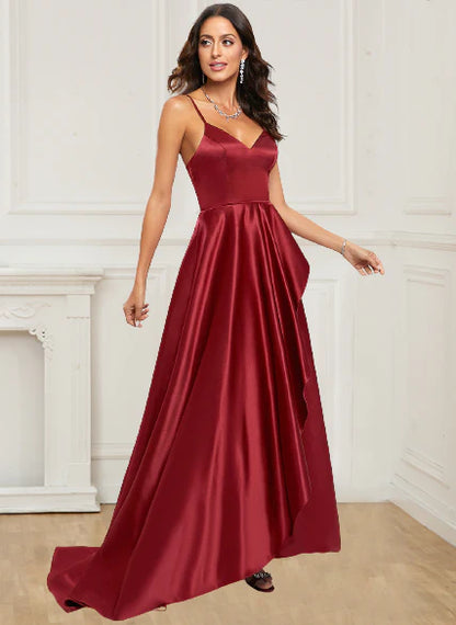 Wholesale Prom Dresses V Neck Satin A Line Asymmetrical