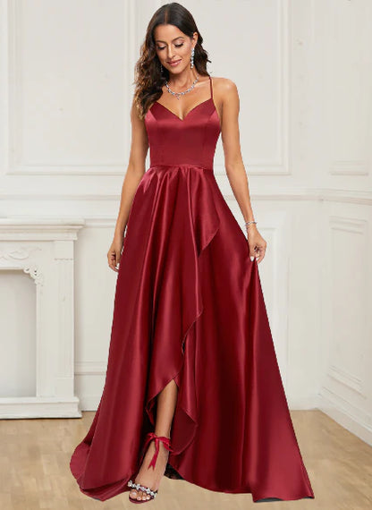 Wholesale Prom Dresses V Neck Satin A Line Asymmetrical