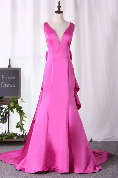 Wholesale Mermaid Prom Dresses V Neck Satin With Bow Knot