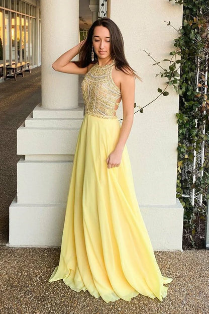 Wholesale Prom Dresses Chiffon Long Sleeveless Charming Open Back Scoop A-line Beading