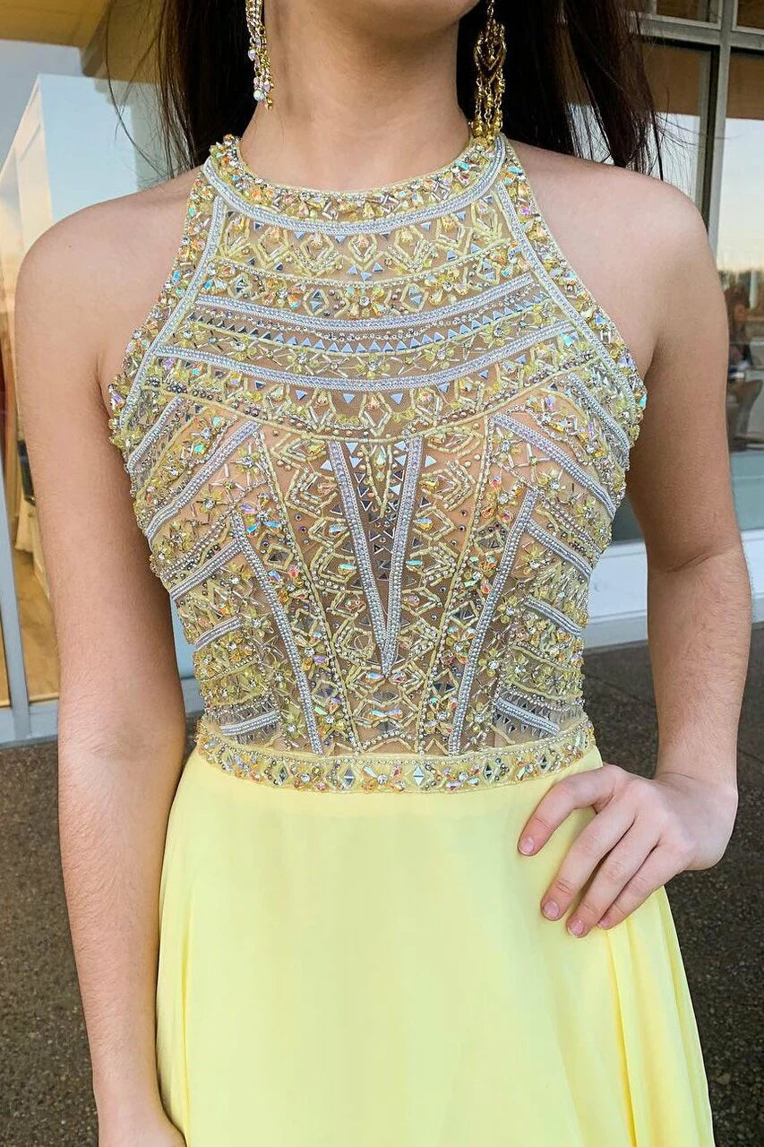 Wholesale Prom Dresses Chiffon Long Sleeveless Charming Open Back Scoop A-line Beading