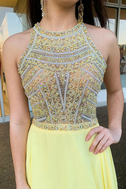 Wholesale Prom Dresses Chiffon Long Sleeveless Charming Open Back Scoop A-line Beading