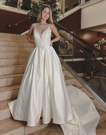 Wholesale Elegant Noble A-line V-Neck Chapel Train Satin Wedding Dress With Beading