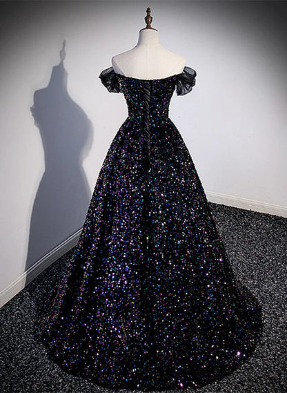 Black Sequins Off Shoulder Beaded Party Dress A-line Black Formal Dress Sparkly Evening Dress Wholesale