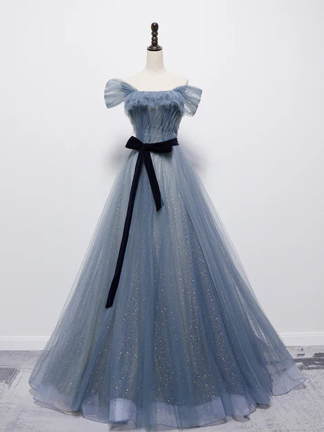 Grey-Blue Tulle Off Shoulder Long Party Dress with Bow A-line Floor Length Prom Dress Wholesale