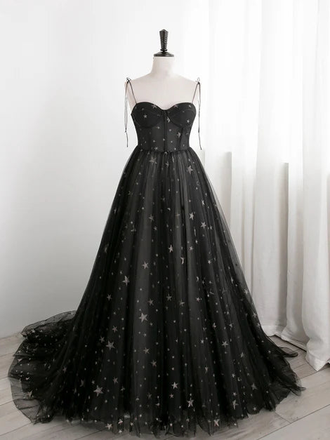 Black Sweetheart Tulle Straps Long Formal Dress Evening Party Dress A Line Prom Dress Wholesale