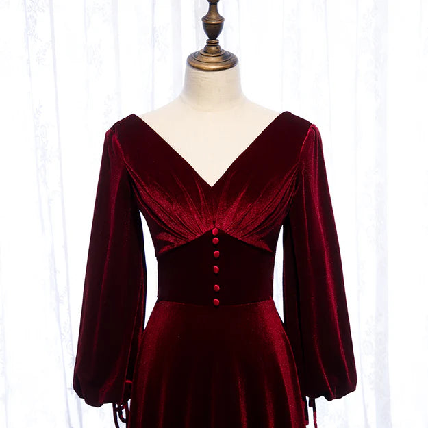 Burgundy Velvet Long Sleeves A-line Prom Dress Long Simple Bridesmaid Dress Elegant Evening Dress Wholesale