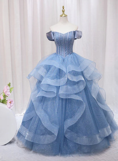 Blue Beaded Off Shoulder Tulle Long Formal Dress Evening Dress Prom Dress 16 Dress Elegant