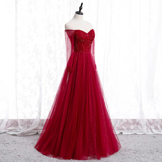 Wine Red Long Sleeves Beaded Tulle Evening Gown A-line Long Prom Dress Wholesale