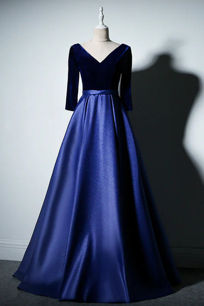 Pretty Blue Long Sleeves Satin with Velvet Party Dress A-line Long Prom Dress Elegant Evening Dress Wholesale