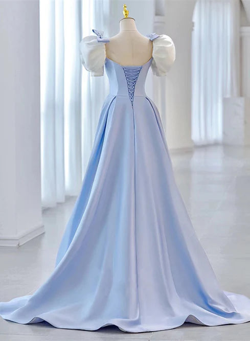 Light Blue Satin Short Sleeves with Bow Lace-up Party Dress Prom Dress Elegant Evening Dress