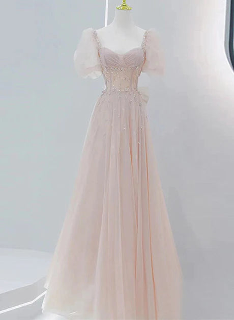 Pink Beaded Tulle Short Sleeves Long Party Dress Sweet 16 Dresses Prom Dress Elegant Evening Dress Formal Dress Wholesale