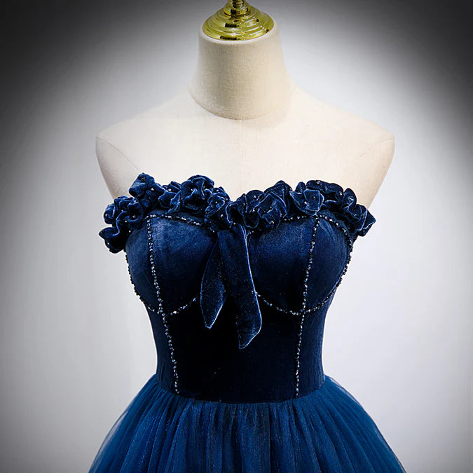 Navy Blue Velvet Top and Tulle Long Formal Dress Sweetheart Prom Dress Off Shoulder Elegant Wholesale