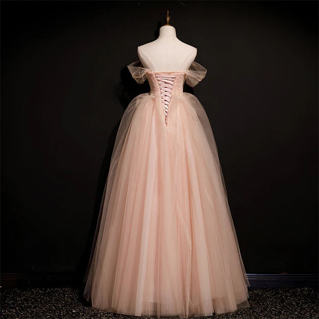 Pink Off Shoulder Beaded Tulle Long Party Dresses A-line Formal Dresses Prom Dress Elegant Wholesale