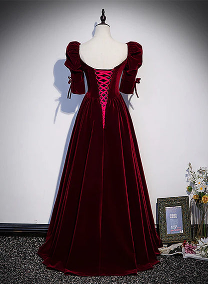 Wine Red Short Sleeves A-line Long Party Dress Bridesmaid Dress Elegant Evening Dress Wholesale