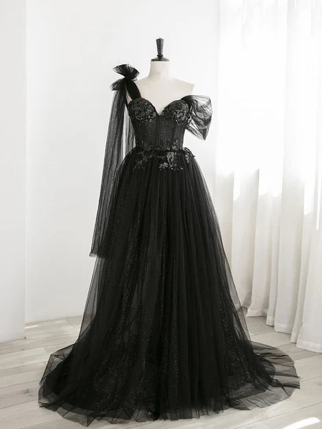 Sexy Black One Shoulder Tulle Sweetheart Sequin Party Dress Evening Gown Prom Dress Wholesale