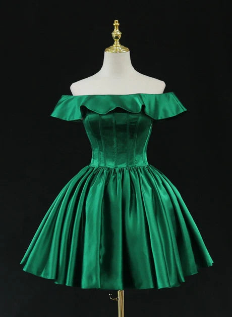 Aimishang A Line Off Shoulder Green Satin Homecoming Dress Short Prom Dress Simple Party Dress Formal Dresses