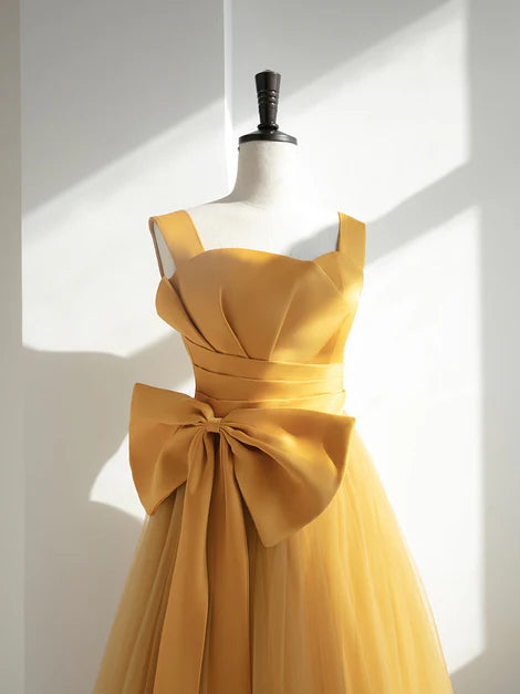 Yellow Tulle Long Party Dress with Bow Prom Dress Evening Gown Formal Dress Wholesale