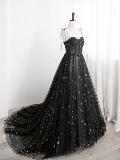 Black Sweetheart Tulle Straps Long Formal Dress Evening Party Dress A Line Prom Dress Wholesale