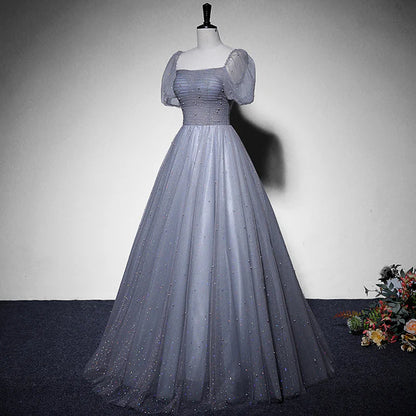 Grey Beaded Tulle Long Formal Dress Party Dress Evening Gown A Line Short Sleeves Prom Dress Wholesale