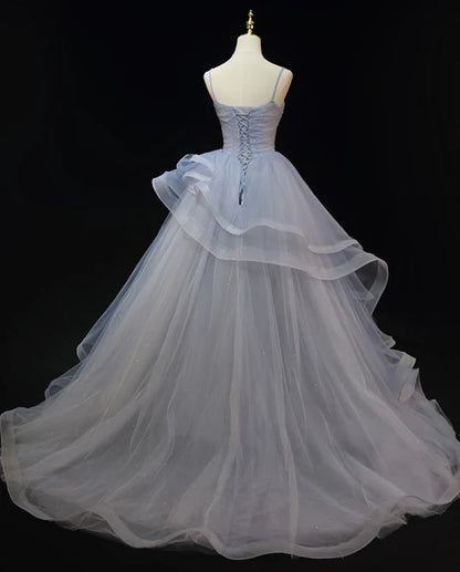 Grey Tulle Straps Layers Long Prom Dress Party Dress Ball Gown Formal Dress Elegant