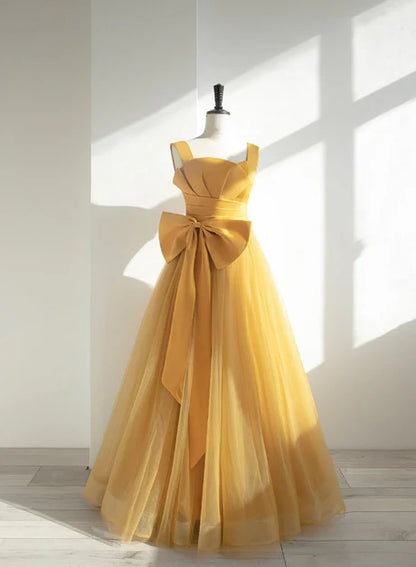 Yellow Tulle Long Party Dress with Bow Prom Dress Evening Gown Formal Dress Wholesale