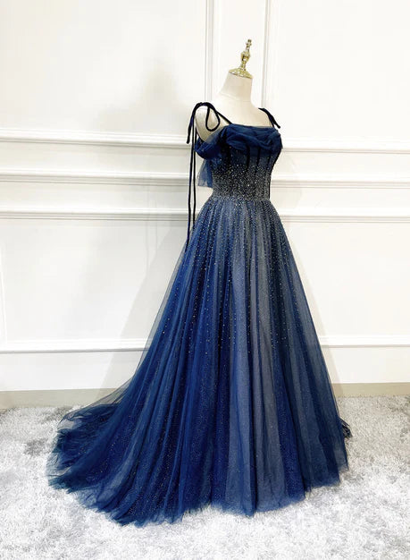 Shiny Navy Blue Tulle Straps Long Prom Dresses Party Dresses A-line Beaded Evening Dress Wholesale