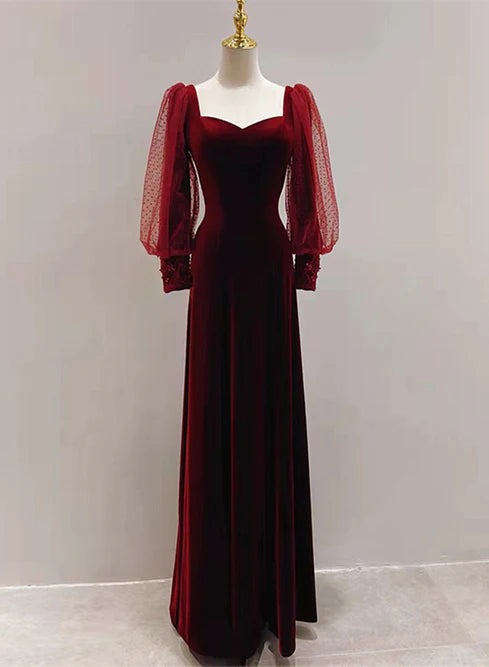 Wine Red Velvet Long Sleeves Floor Length Bridesmaid Dress Long Prom Dress Elegant Evening Dress