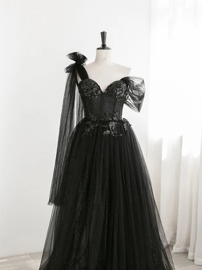 Sexy Black One Shoulder Tulle Sweetheart Sequin Party Dress Evening Gown Prom Dress Wholesale