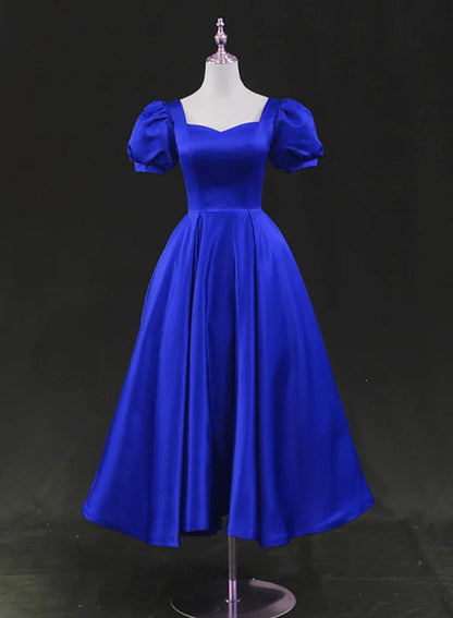Aimishang Elegant Blue Satin A Line Short Sleeves Lace-Up Back Formal Prom Dress Classy Wedding Guest Party Dress