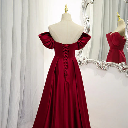 Wine Red Satin A-line Floor Length Party Dresses Burgundy Long Formal Dresses Off Shoulder Evening Dress Wholesale