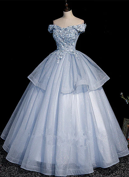 Light Blue Ball Gown Tulle with Lace Formal Dress Sweet 16 Dresses Off Shoulder Prom Dress