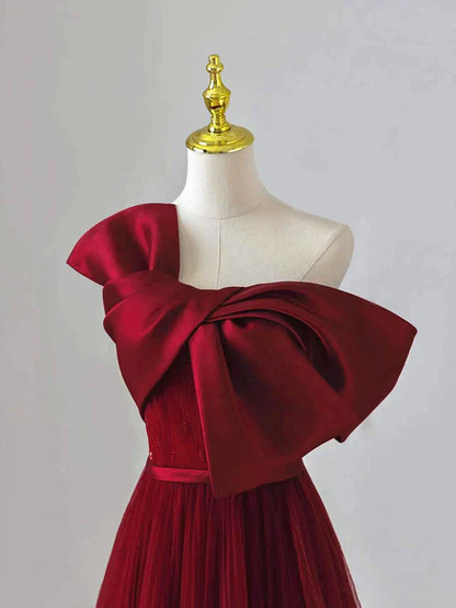 Wine Red Satin and Tulle A-line Simple Prom Dress Floor Length Party Dress Elegant Evening Dress