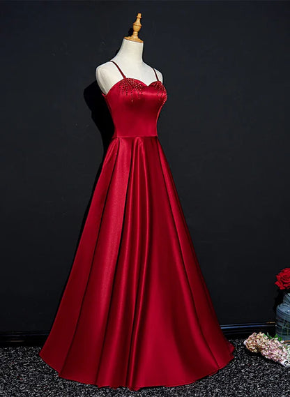 Red Satin Beaded Sweetheart Party Dress A-line Prom Dress Elegant Evening Dress Wholesale