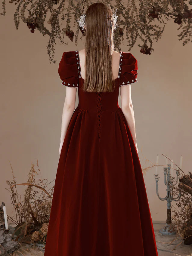 Wine Red Short Sleeves Velvet Sweetheart Party Dress Velvet Long Formal Dress Elegant Evening Dress