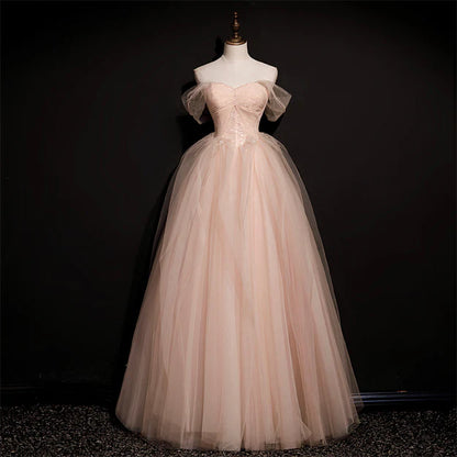 Pink Off Shoulder Beaded Tulle Long Party Dresses A-line Formal Dresses Prom Dress Elegant Wholesale