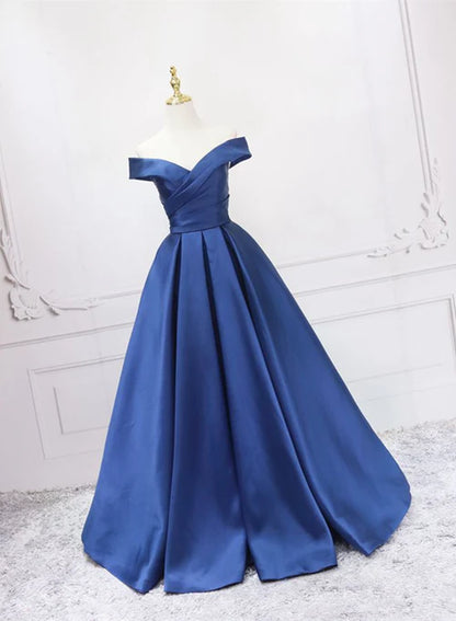 Off Shoulder Blue Satin A-line Floor Length Prom Dress Simple Formal Dress Elegant Evening Dress