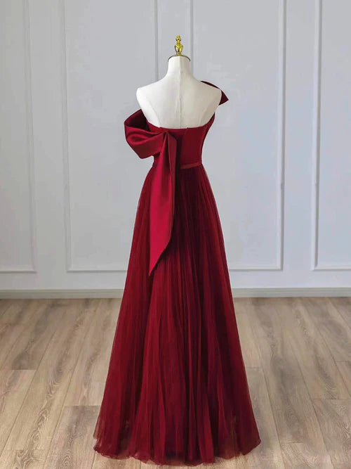 Wine Red Satin and Tulle A-line Simple Prom Dress Floor Length Party Dress Elegant Evening Dress