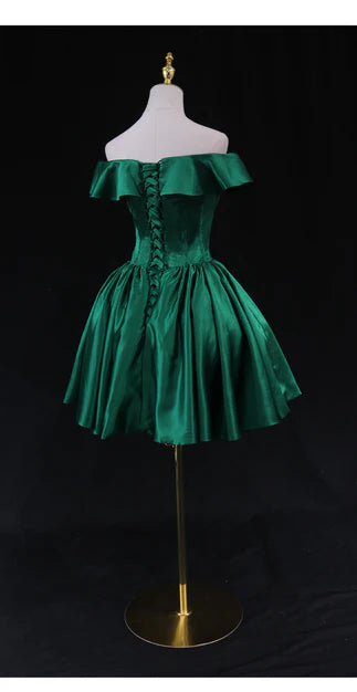 Aimishang A Line Off Shoulder Green Satin Homecoming Dress Short Prom Dress Simple Party Dress Formal Dresses