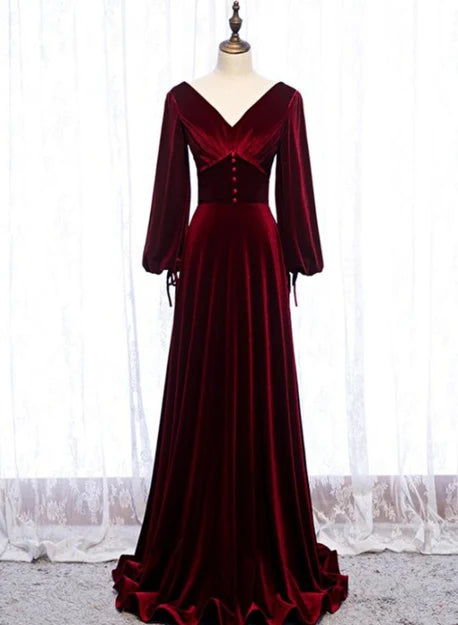 Burgundy Velvet Long Sleeves A-line Prom Dress Long Simple Bridesmaid Dress Elegant Evening Dress Wholesale