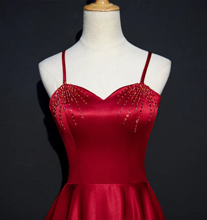 Red Satin Beaded Sweetheart Party Dress A-line Prom Dress Elegant Evening Dress Wholesale