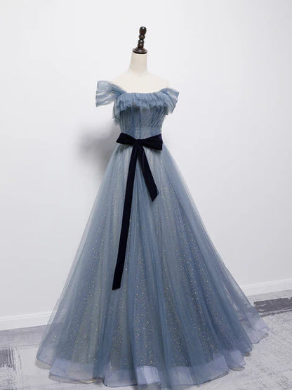 Grey-Blue Tulle Off Shoulder Long Party Dress with Bow A-line Floor Length Prom Dress Wholesale