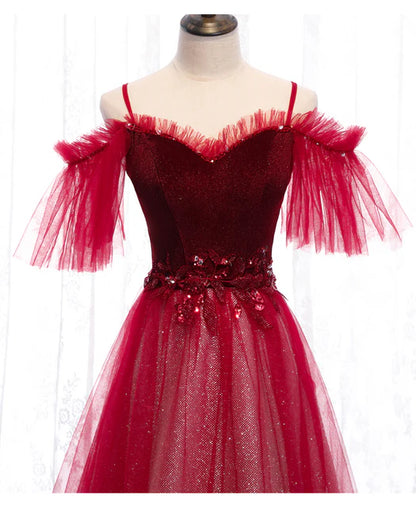 Off Shoulder Wine Red Velvet and Tulle Party Dress A-line Tulle Floor Length Prom Dress Evening Dress Wholesale