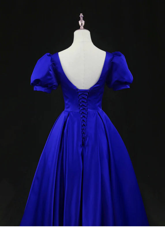 Aimishang Elegant Blue Satin A Line Short Sleeves Lace-Up Back Formal Prom Dress Classy Wedding Guest Party Dress