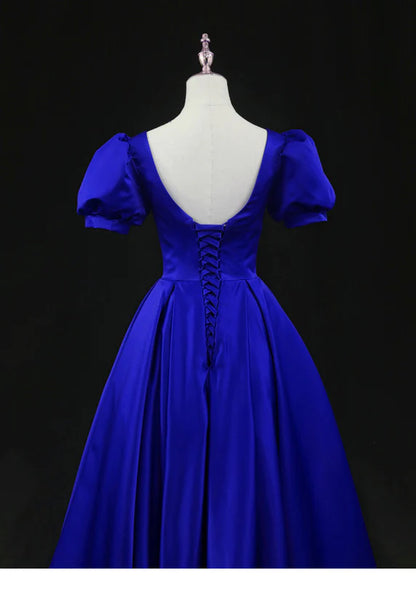 Aimishang Elegant Blue Satin A Line Short Sleeves Lace-Up Back Formal Prom Dress Classy Wedding Guest Party Dress