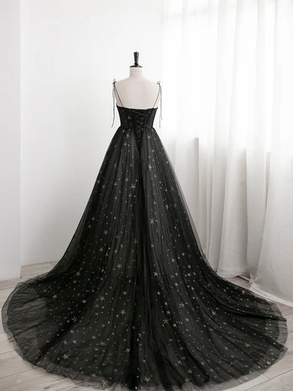 Black Sweetheart Tulle Straps Long Formal Dress Evening Party Dress A Line Prom Dress Wholesale