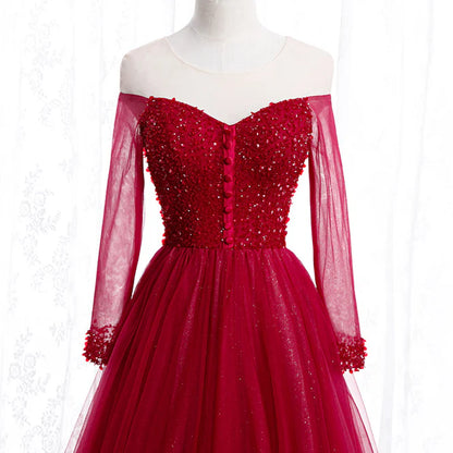 Wine Red Long Sleeves Beaded Tulle Evening Gown A-line Long Prom Dress Wholesale