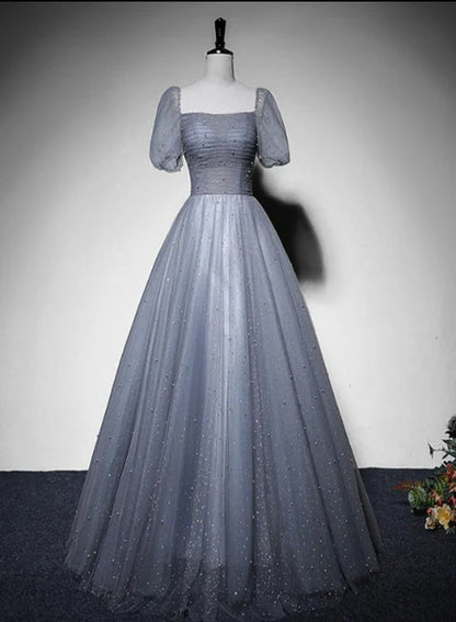 Grey Beaded Tulle Long Formal Dress Party Dress Evening Gown A Line Short Sleeves Prom Dress Wholesale