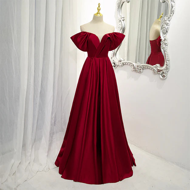 Wine Red Satin A-line Floor Length Party Dresses Burgundy Long Formal Dresses Off Shoulder Evening Dress Wholesale